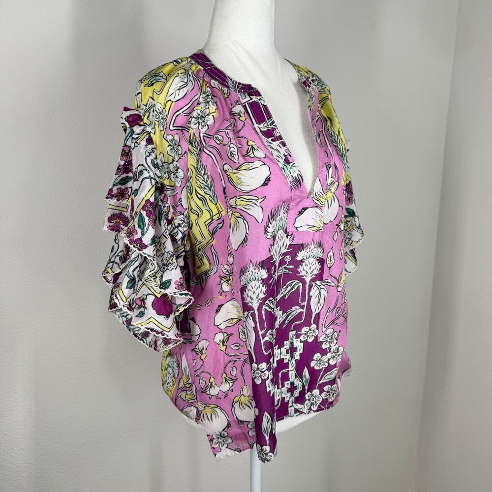 Mariacher PInk Luli Blouse 100% Silk Floral Short Sleeve Ruffled V Neck Sz M - Picture 3 of 13